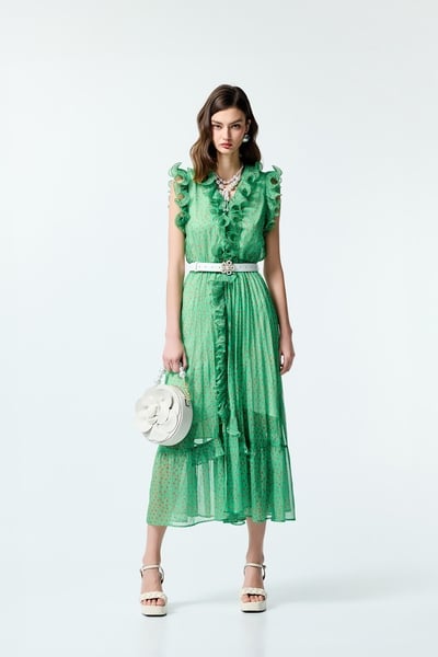 Polka Dot Print Ruffle Detail Chiffon Dress