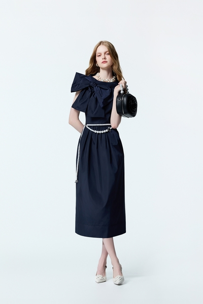 Bow Detail Navy Taffeta Dress