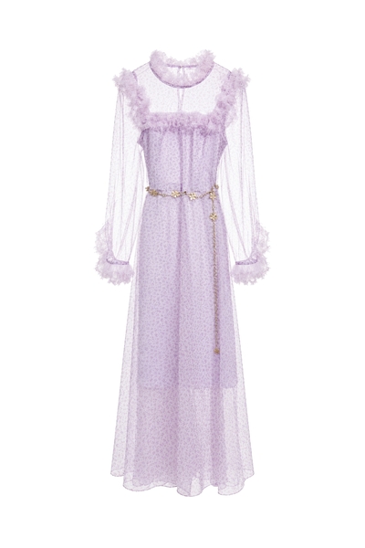 Printed Floral Mesh Ruffle Maxi Dress