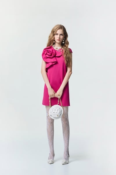 3-D Floral Magenta Cap Sleeve Dress