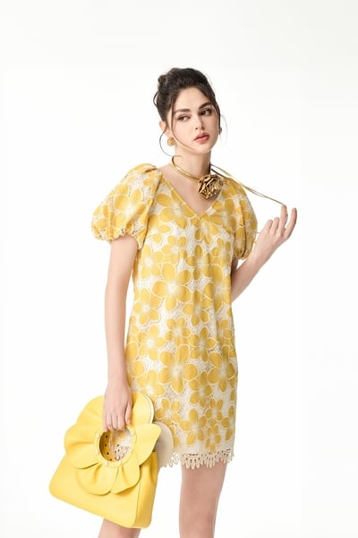 Puff Sleeve Floral Embroidery Dress
