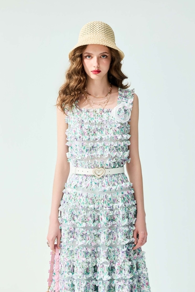 Pleated Ruffle Layer Floral Print Vest