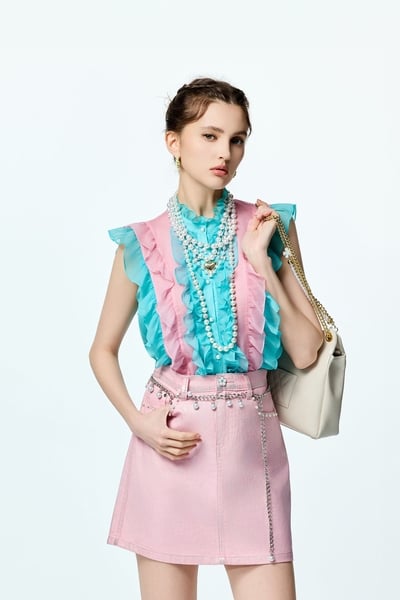 Colour Block Ruffle Chiffon Vest