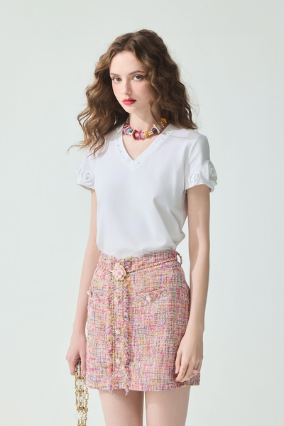 V-neck Tee with 3-D Rose Sleeve Detail