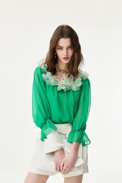 Contrast 3-D Floral Detail Chiffon Top