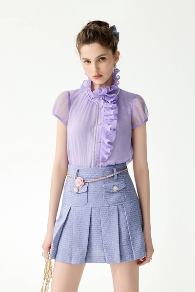 Short Sleeve Ruffle Detail Purple Top