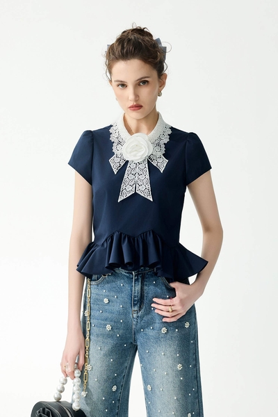 White Collar Lace Navy Peplum Top