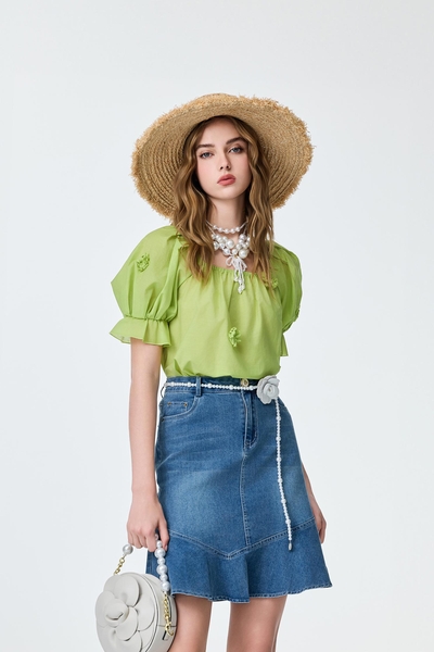 3-D Floral Detail Green Top