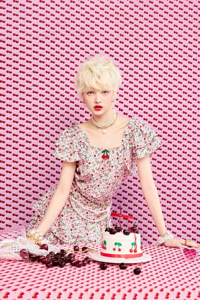 Rose With Cherry Print Ruffle Sleeve Top