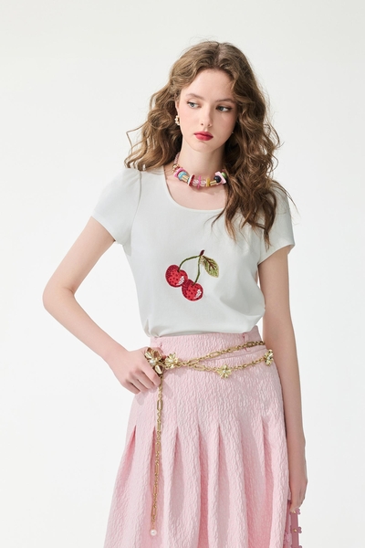 Sequin Cherry Graphic Short Sleeve Tee