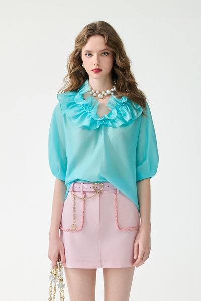 Ice Blue Ruffle Detail Top