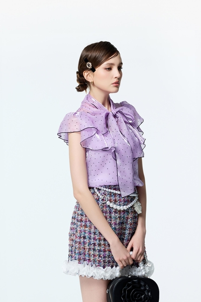 Polka Dot Ruffle Detail Purple Top