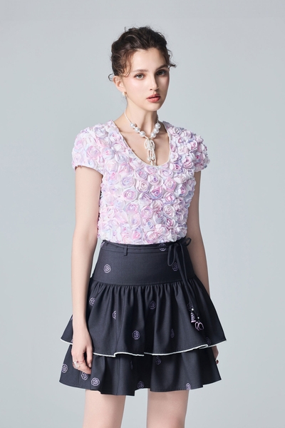 3-D Rose Detail Mesh Top