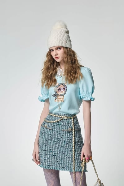 Cat Graphic Puff Sleeve Tee