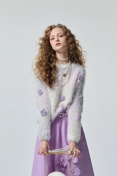 Handcrafted Floral Detail Gradient Purple Knit Top