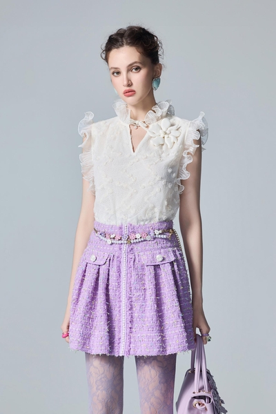 3-D Floral Ruffle Cream Vest