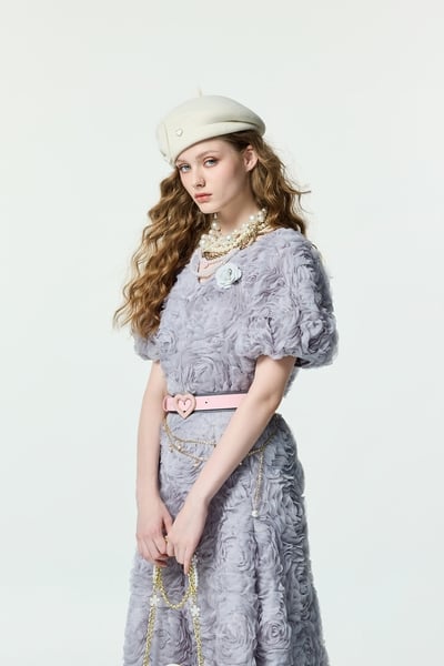 Grey 3-D Rose Detail Puff Sleeve Top