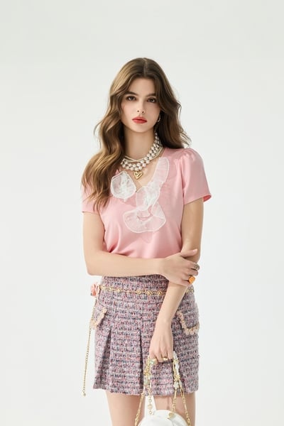 Pleated Floral Detail V-neck Tee