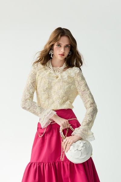Ruffle neckline Cream Lace Top