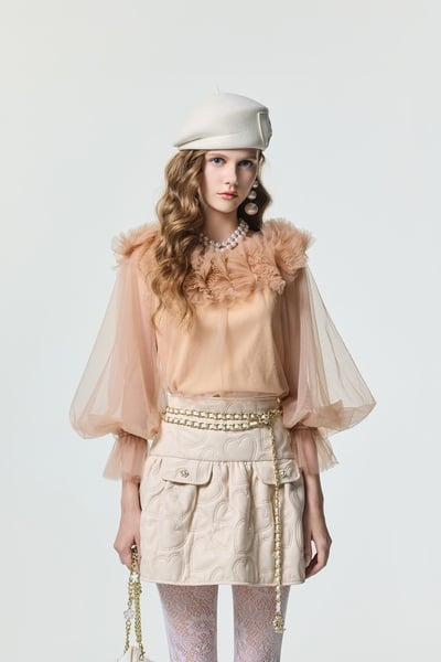 Light Caramel Pleated Ruffle Detail Top