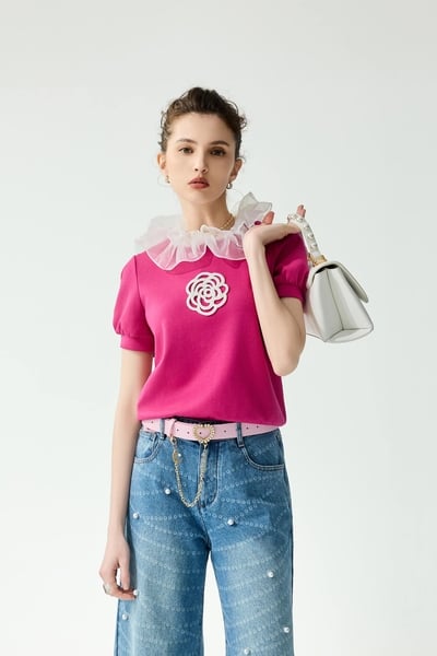 Front Floral Logo With Ruffle Collar Short Sleeve Top