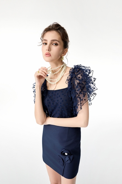 Layered Ruffle Sleeve Navy Top