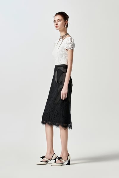 Black White Full Lace Bow Detail Dress